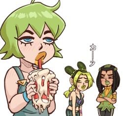 3girls bimbo_lips blue_eyes clothed cum cum_in_container cup disgusted drinking_cum ermes_costello female female_pervert foo_fighters green_hair japanese_text jojo's_bizarre_adventure jolyne_kujo meme multiple_girls pizzapiggy stone_ocean tagme