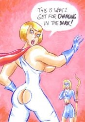 ass ass_window blonde_hair butt_window cape dc dc_comics dialogue exposed_ass funny gravhell karen_starr power_girl sideboob stargirl superhero_costume_change superheroine wardrobe_malfunction