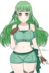 1girls alternate_costume bare_thighs bikini breasts brown_eyes cosplay female female_only fingerless_gloves fire_emblem fire_emblem:_three_houses fire_emblem_echoes:_shadows_of_valentia fire_emblem_heroes gloves green_bikini green_hair green_swimsuit ingrid_brandl_galatea_(cosplay) large_breasts long_hair looking_at_viewer nintendo sixtybuzzer smile solo swimsuit tatiana_(fire_emblem) thighs wavy_hair