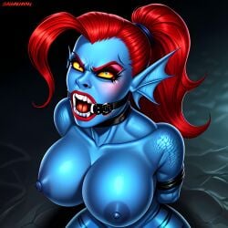 2d 2d_(artwork) 2d_artwork ai_generated angry arms_behind_back blue_skin bondage bound breasts color fangs female fin_ears fish_girl kneeling marine open_mouth ponytail red_hair ring_gag sharp_teeth slave tagme uncensored uncensored_breasts undertale undertale_(series) undyne