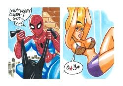 accidental_exposure assisted_exposure black_bra black_sweater blonde_hair bra breasts dialogue exposed_breasts gravhell gwen_stacy gwen_stacy_(classic) hairband marvel marvel_comics nipples nipples_exposed purple_skirt removed_clothing see-through see-through_bra see-through_clothing spider-man spider-man_(series) superhero sweater