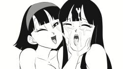 2girls animated breasts cum cum_on_face cumshot dragon_ball dragon_ball_super duo facial female female_only funsexydragonball future_mai huge_breasts mai_(dragon_ball) milf monochrome naked no_sound nude nude_female offscreen_male open_mouth tagme unseen_male videl videl_(dragon_ball_super) video