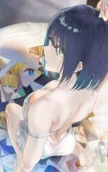 1girls black_hair blue_hair breasts camisole cleavage colored_inner_hair commentary_request dimples_of_venus feet from_above funi_mu9 highres hoshino_aquamarine indoors kneeling kurokawa_akane looking_at_viewer looking_back medium_breasts multicolored_hair oshi_no_ko photo_(object) soles solo star-shaped_pupils star_(symbol) strap_slip symbol-shaped_pupils toes underwear underwear_only white_camisole