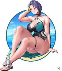 1girls alternate_costume arcedo bare_legs beach_background black_one-piece_swimsuit black_swimsuit blue_hair breasts choker cleavage female female_only fire_emblem fire_emblem:_three_houses fire_emblem_heroes hourglass_figure large_breasts legs looking_at_viewer nintendo ocean official_alternate_costume one-piece_swimsuit purple_eyes purple_hair sandals shamir_nevrand short_hair sitting smile solo swimsuit thick_thighs wide_hips