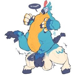 1male absurd_res anthro avian avian_taur balls beak bigcozyorca bird bird_taur blue_body blue_feathers blue_fur bodily_fluids breath_of_the_wild feather_hands feathers foreskin fur genital_fluids genitals hi_res hooves humanoid_genitalia humanoid_penis implied_transformation kass_(tloz) male male_only nintendo nipples non-mammal_balls penis precum rito simple_background solo solo_male speech_bubble surprised_expression talons taur the_legend_of_zelda transformation white_background white_body white_feathers white_fur winged_arms wings yellow_body yellow_feathers yellow_fur