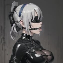 1girls ai_generated android armwear big_breasts black_clothing black_hairband black_latex_catsuit blindfold blindfolded_female blue_eyes bondage breasts catsuit cleavage domination dominmatrix dress front_view gloves gynoid hairband hourglass_figure huge_breasts latex_catsuit looking_at_viewer masochism nier nier:_automata nipple_bulge nipples outdoors robot sadism short_hair skirt thick_thighs thighs white_hair yorha_2b