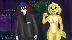 16:9 4k absurd_res anthro bird_dog breasts brown_body brown_fur canid canine canis clothed clothing domestic_dog duo ella_(paw_patrol) english_text erection erection_under_clothing female fur genitals golden_retriever hi_res hunting_dog male mammal moby_(paw_patrol) mobywidebody nipples nude open_mouth palm_tree paw_patrol plant portuguese_water_dog pussy retriever smile smoking text tree white_body white_fur widescreen yellow_body yellow_fur