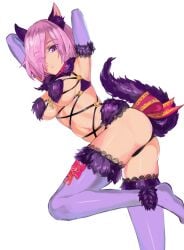 1girls alternate_costume armpits artist_request big_breasts eye_visible_through_hair fate/grand_order fate_(series) female female_focus female_only fur_bikini hair_over_one_eye highres legwear mash_kyrielight mash_kyrielight_(dangerous_beast) pink_hair pose purple_eyes simple_background tail thighhighs underboob white_background wolf_costume wolf_ears wolf_girl wolf_tail