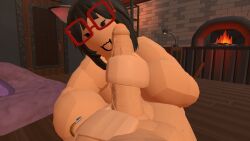 1boy 1girls :3 big_penis black_hair erection female glass handjob male nekomimi penis rec_room recroom recroom-nsfw tagme vr