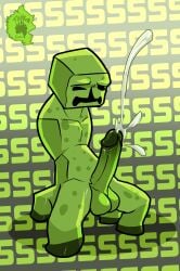 1boy 1male abstract_background absurd_res anthro artist_logo artist_name balls ballsack creeper_(minecraft) cum cumshot ejaculation erection foreskin foreskin_folds genitals green_skin green_spots hi_res hooves humanoid_genitalia humanoid_penis intact looking_pleasured male male_anthro male_only microsoft minecraft mojang penis retracted_foreskin scrotum smooth_penis solo testicles thekinkybear uncut xbox_game_studios