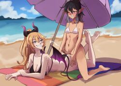 ass_grab averysai beach_sex bikini blue_eyes blush buttjob cum demon_girl demon_horns erinsilvyr femboy femboy_on_female indie_virtual_youtuber large_breasts pointy_ears purple_eyes sex virtual_youtuber