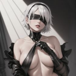 1girls ai_generated android armwear big_breasts black_clothing black_hairband blindfold blue_eyes bondage breasts cleavage domination dominmatrix dress front_view gloves gynoid hairband hourglass_figure huge_breasts looking_at_viewer masochism nier nier:_automata nipple_bulge nipples outdoors robot sadism short_hair skirt thick_thighs thighs white_hair yorha_2b