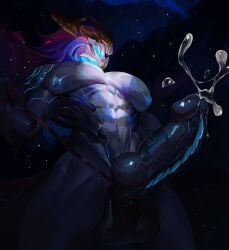 abs anthro asian_mythology aurelion_sol balls biceps big_muscles big_pecs blue_body bodily_fluids cum digital_media_(artwork) dragon east_asian_mythology eastern_dragon ejaculation erection genital_fluids genitals hair hi_res kochinsfw league_of_legends male muscular muscular_thighs mythology night nipples nude pecs penis riot_games scalie serratus solo solo_male tail triceps vein veiny_penis