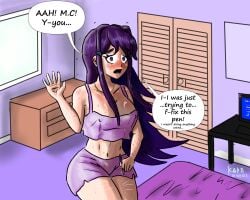 awkward_situation bedroom blushing_profusely breasts cleavage comedy doki_doki_literature_club embarrassed_female hips implied_masturbation improvised_dildo innuendo kainlarsen midriff nipples_visible_through_clothing pale_skin purple_hair purple_underwear sweat thighs yuri_(doki_doki_literature_club)