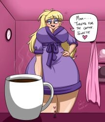 1boy 1girls afterdark bags_under_eyes blonde_hair blunt_bangs cloud coffee coffee_mug curtains dipper_pines disney english_text giantess gravity_falls hand_on_hip heart hourglass_figure indoors large_breasts miniboy pacifica_northwest purple_eyeshadow purple_robe robe ruffled_hair size_difference sleepy speech_bubble standing straight_hair text window