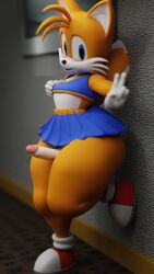 3d anthro big_ass canid canine cheerleader clothed erection femboy fox girly looking_at_viewer male male_only peace_sign penis skirt sonic_(series) tail tails_the_fox thicchips thick_thighs wide_hips