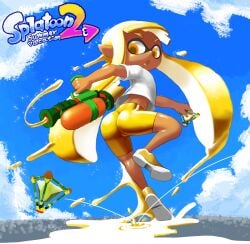 ass ass_focus background blue_sky bomb clothed clothing cloud clouds concept_art dark-skinned_female dark_skin dripping eye_mask flat_chest from_behind from_below fully_clothed holding holding_object holding_weapon ink inkling inkling_girl jumping logo long_ears looking_back looking_down minus8 nintendo orange_eyes outdoor outside pose rear_view shirt shoes shorts small_ass spats splatoon splatoon_(series) splatoon_2 splattershot surprised tentacle_hair white_shirt yellow_bottomwear yellow_footwear yellow_hair yellow_shorts