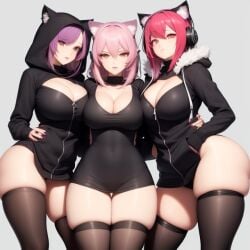 3girls ai_generated big_ass big_breasts cat_ears farrah_(oc) frisk_(oc) headphones hoodie light_red_hair maria_(oc) pink_hair purple_hair tagme thighhighs tight_clothing