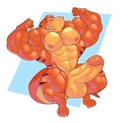 abs anthro balls bara barazoku biceps big_balls big_muscles big_penis big_tail chest_tuft claws dinosaur dumbandgreen facial_tuft genitals hair hi_res huge_muscles male male_only muscular muscular_male nipples pecs penis reptile rex_(we're_back!) scalie smile smiling_at_viewer solo striped_body stripes tail theropod thick_thighs tuft tyrannosaurid tyrannosaurus tyrannosaurus_rex universal_studios we're_back!_a_dinosaur's_story wide_hips