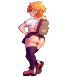 1girls accidental_exposure ass ass_focus backpack bag black_panties black_skirt blonde_hair blue_eyes caked_up dat_ass dgoger exposed_panties fat_ass female female_only miniskirt oblivious orange_hair panties panties_exposed pawg shoes skirt_caught_on_bag skirt_caught_on_object skirt_lift skirt_up smiling solo thick_thighs thighhighs thin_waist tomboy unaware wardrobe_malfunction white_background wide_hips