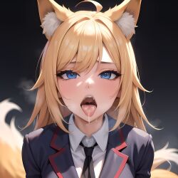 ai_generated animal_ears animal_tail blonde_hair clothed_female cum_in_mouth fox_ears fox_girl fox_tail generatormk long_hair pov promptchan school_uniform