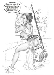 1girls 1robot ass bb-8 bikerbloke black_and_white butt dialogue exposed_ass female hair_bun hair_buns legs loincloth repair repairing revealing_clothes rey sideboob sitting sitting_on_another sitting_on_head staff star_wars thighs