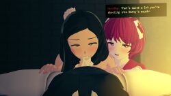 1boy 2girls 3d :>= beatrice_albert bedroom black_hair blowjob blush cum cum_in_mouth cum_in_nose cumming deal_(va-11_hall-a) dialogue dorothy_haze fellatio half-closed_eyes hand_on_another's_head hands_on_thighs koikatsu light-skinned_female light-skinned_male light_skin long_hair looking_at_viewer looking_pleasured looking_up naked open_mouth oral partially_clothed ponytail pov red_hair short_hair smile smug smug_face spiritofrei text uniform va-11_hall-a vacuum_fellatio