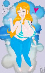 beach big_breasts bra clothed clothing female female_only heart looking_away nami nami_(one_piece) one_piece post-timeskip spicybeef thick_thighs