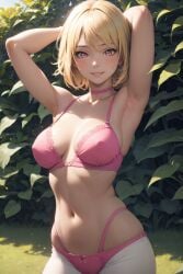 1girls ai_generated armpits arms_behind_head big_breasts blonde_hair bra busty cleavage jordan53 large_breasts looking_at_viewer midriff navel original pants pink_eyes pose posing sensual sexy_armpits short_hair smile solo thong