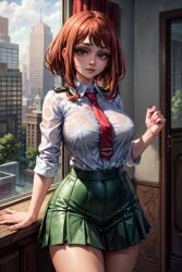 ai_generated brown_eyes brown_hair clothes female female_only my_hero_academia ochako_uraraka school_uniform schoolgirl short_hair skirt solo solo_female supr3metr uraraka_ochako wet