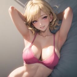 1girls ai_generated armpits arms_behind_head big_breasts blonde_hair bra busty cleavage jordan53 large_breasts looking_at_viewer lying original pink_eyes pose posing sensual sexy_armpits short_hair smile solo