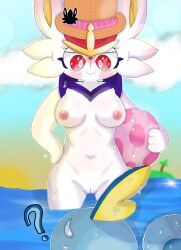 anthro beach beach_ball blue_body blush breasts cinderace furry hat nude nude_female piercing pokémon_(species) pokemon pussy scalie sobble water white_fur