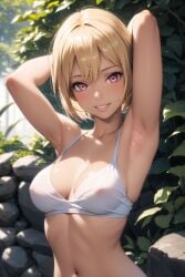 1girls ai_generated armpits arms_behind_head big_breasts bikini blonde_hair busty cleavage jordan53 large_breasts looking_at_viewer nipples original pink_eyes pose posing see-through sensual sexy_armpits short_hair smile solo