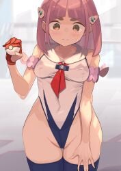 blush creatures_(company) embarrassed female game_freak lacey_(pokemon) leotard nintendo pink_hair pokeball pokemon pokemon_(game) pokemon_sv pokemon_sv_indigo_disk pokemon_trainer spring2013 taro_(pokemon) thick_thighs thighhighs