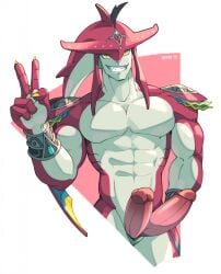 1boy 2023 2_penises abs breath_of_the_wild diphallia diphallism erection genitals gesture hi_res looking_at_viewer male male_only marine multi_genitalia multi_penis muscular muscular_male nintendo pecs penis prince_sidon sharp_teeth_male sidon_(zelda) smile solo tears_of_the_kingdom the_legend_of_zelda uncensored v_sign voviat yaoi yellow_eyes zora