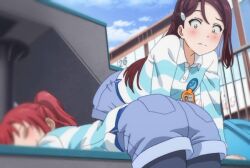 ass ass_awe bent_over brown_hair butt hazel_eyes love_live! love_live!_sunshine!! red_hair sakurauchi_riko staring_at_ass