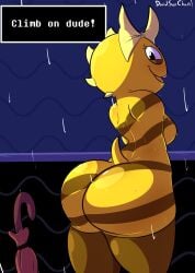 ass big_ass big_butt breasts davidsanchan dinosaur edit female female_only monster_kid naked rain raining solo solo_female tail talking_to_viewer text text_box umbrella undertale undertale_(series)