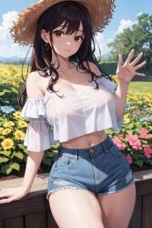 1girls ai_generated black_hair cur curvaceous curvy curvy_body female_focus female_only huge_breasts long_hair stable_diffusion straw_hat voluptuous voluptuous_female