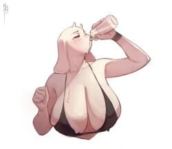 1girls 2d 2d_(artwork) 2d_artwork arms_up artist_signature bikini_top blush bottle bracelet closed_hand color curvy_female drinking eyebrows furry hands hanging_breasts horns huge_breasts large_breasts long_ears looking_away mammal mammal_humanoid milf oanju_ red_eyes simple_background snout sweating toriel undertale undertale_(series) white_background white_body white_fur