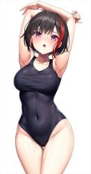 armpits arms_behind_head bang_dream! big_breasts black_hair blush breasts collarbone competition_swimsuit huge_breasts lambda_(kusowarota) looking_at_viewer mitake_ran navel navel_visible_through_clothes pussy pussy_bulge red_eyes red_hair short_hair swimsuit tagme thick_thighs thighs tight_clothing wet wet_armpit wet_body white_background