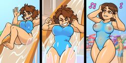 accidental_exposure ass blue_swimsuit brown_hair brunette butt comic exposed_body feet functionally_nude functionally_nude_female guilhermerm having_fun nipples nipples_visible_through_clothing oblivious see-through see-through_clothing see-through_swimsuit slide splashing unaware wardrobe_malfunction water_slide wet