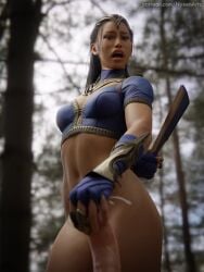 abs cum ejaculation fan fit_female grossed_out half_naked hand_on_penis handjob kitana kitana_(new_era) light-skinned_male mortal_kombat mortal_kombat_1_(2023) nyxenartz outdoors shocked_expression