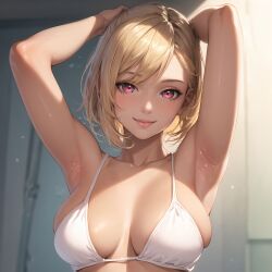 1girls ai_generated armpits arms_behind_head big_breasts bikini blonde_hair busty cleavage jordan53 large_breasts looking_at_viewer original pink_eyes pose posing sensual sexy_armpits short_hair smile solo