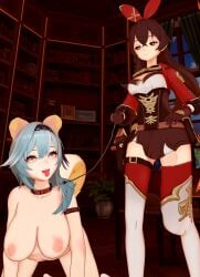 1futa 3d amber_(genshin_impact) bulge bulge_through_clothing clothed clothing duo eula_(genshin_impact) fully_clothed futaflux futanari genshin_impact leash nude petplay self_upload