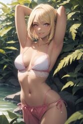 1girls ai_generated armpits arms_behind_head big_breasts bikini blonde_hair busty cleavage jordan53 large_breasts looking_at_viewer navel original pink_eyes pose posing sensual sexy_armpits short_hair smile solo