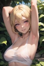 1girls ai_generated armpits arms_behind_head big_breasts blonde_hair busty cleavage jordan53 large_breasts looking_at_viewer nipples original pink_eyes pose posing see-through sensual sexy_armpits short_hair smile solo tank_top wet