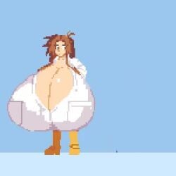 1boy 1girls animated attribute_theft breast_expansion breasts breasts_bigger_than_head brown_eyes brown_hair colossal_breasts gigantic_breasts growth huge_boobs huge_breasts hyper_breasts knj_ex massive_breasts matsu-sensei matt_(matsu-sensei) mattie_(matsu-sensei) no_sound pixel_art shrinking skirt tagme tiny video