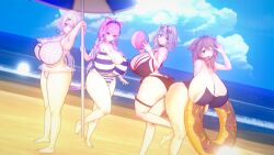 3d 3d_(artwork) 4girls animal_ears areolae artist_request beach beach_ball bikini cat_ears crossover frilled_bikini frills gigantic_breasts glasses_on_head headband heart_glasses hololive holox huge_ass huge_breasts koikatsu minato_aqua multicolored_hair nijisanji sakamata_chloe shiina_yuika shortstack sideboob source_request swimsuit umbrella virtual_youtuber vtuber warabeda_meiji warabeda_meijii