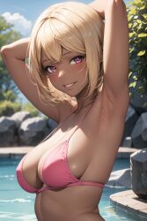 1girls ai_generated armpits arms_behind_head big_breasts bikini blonde_hair busty cleavage dark-skinned_female jordan53 large_breasts looking_at_viewer original pink_eyes pool pose posing sensual sexy_armpits short_hair smile solo water