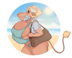 1girls 4_breasts animal_ears ass bag beach beige_hair blonde_female blonde_hair breasts breasts_bigger_than_head cow_girl cow_horns dmxwoops female female_focus gigantic_breasts horns huge_ass huge_breasts margarine_(deumosden) multi_breast purple_hair short_hair sideboob solo sunglasses tail